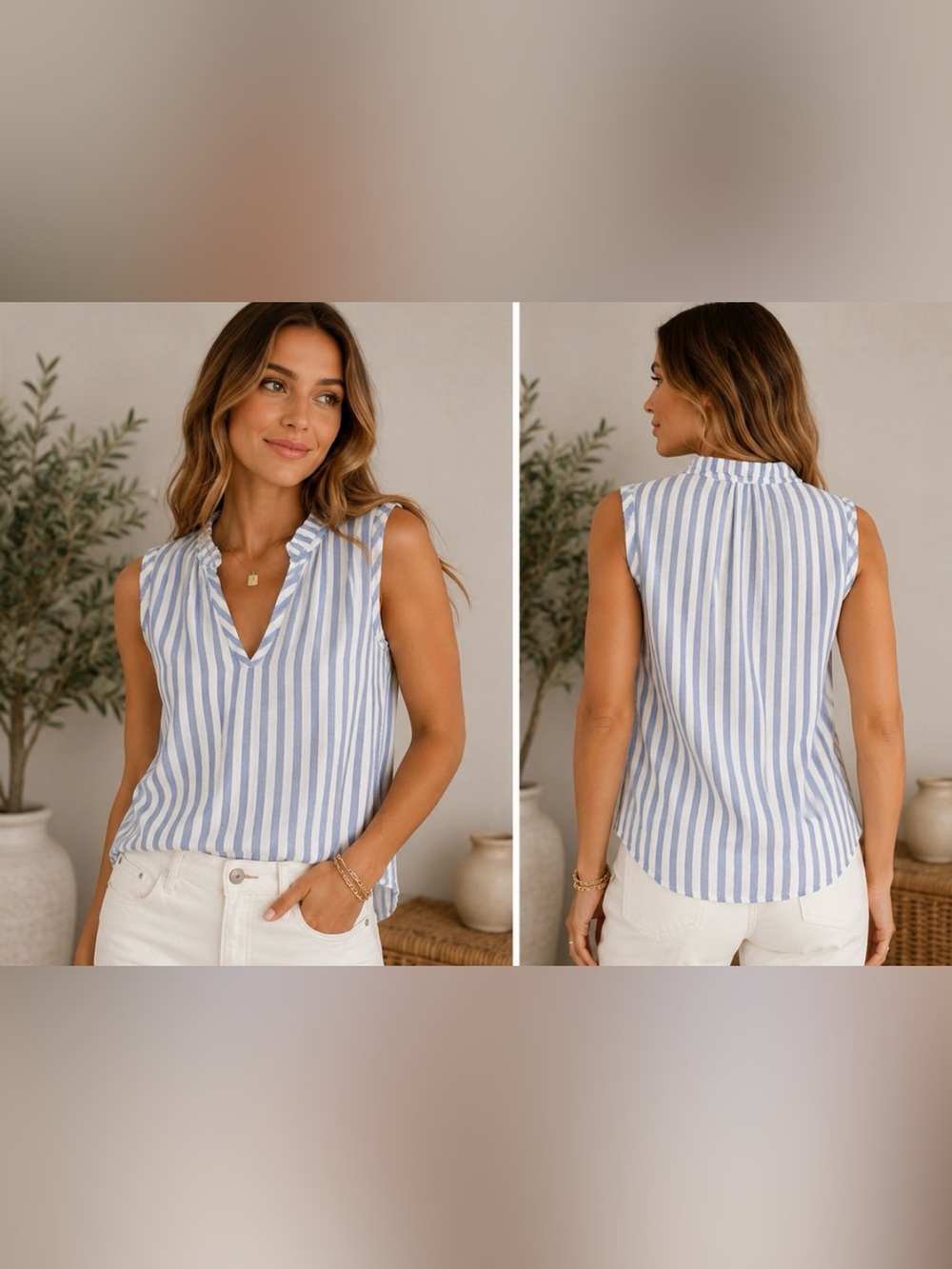 Cloth & Stone Blue & White Striped Sleeveless Blouse | Size Small